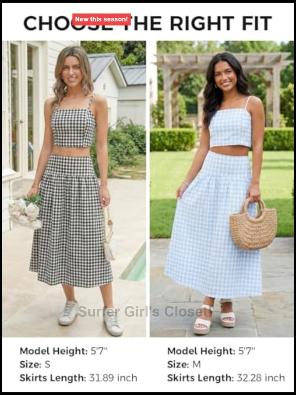 Women's 2-Piece Gingham Crop Top and Midi Skirt Set Summer Vacation Outfit - Picture 6 of 7